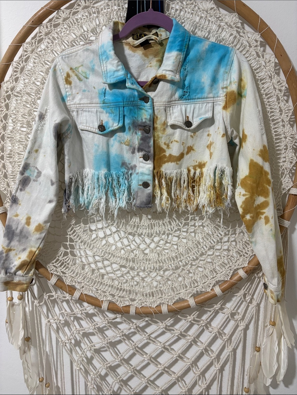 Tie-Dye Fringe Cropped Jean Jacket size small